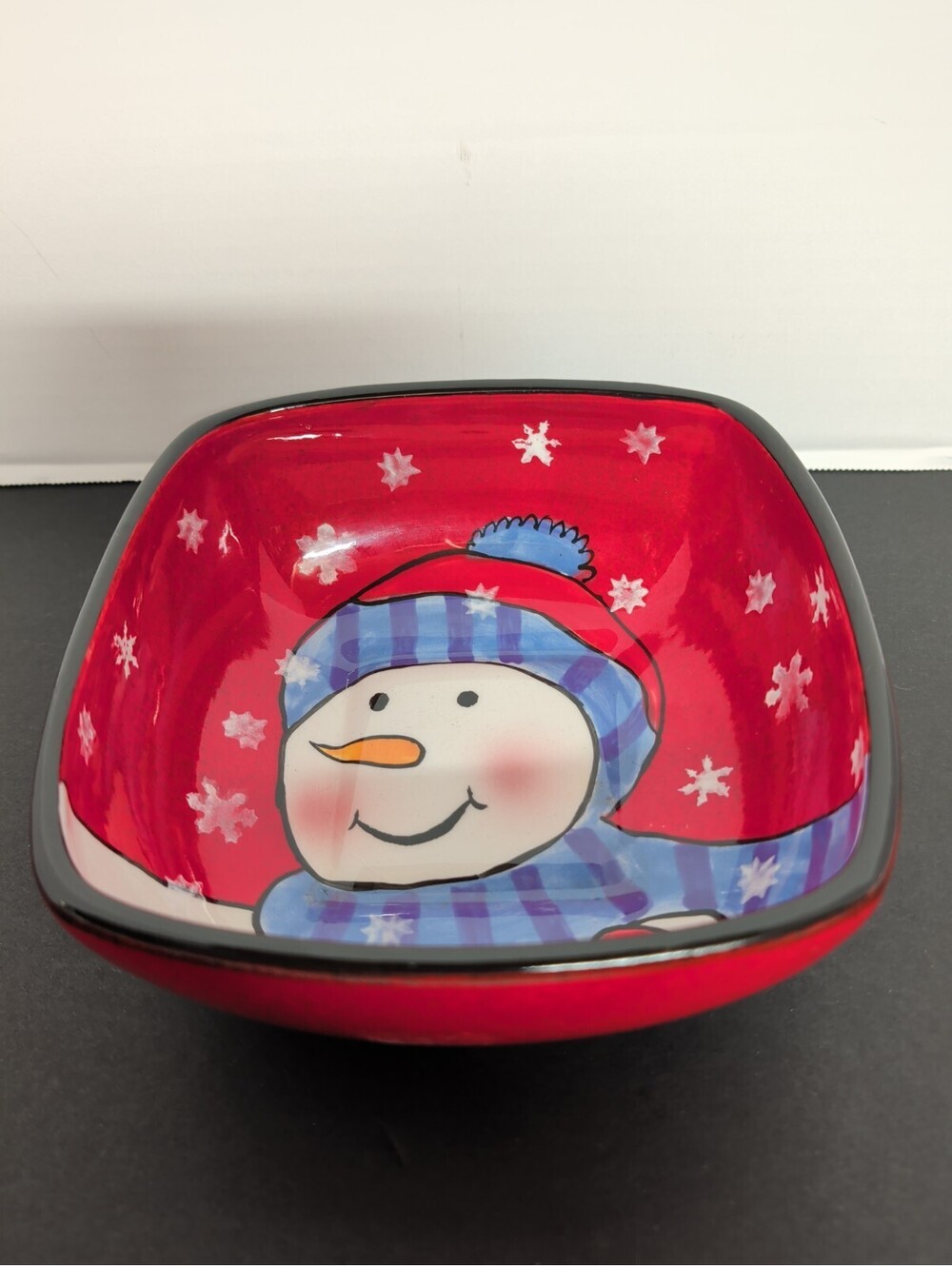 Sakura Oneida Snowman Smiles Square Bowl 7” Ceramic Christmas Holiday MINT